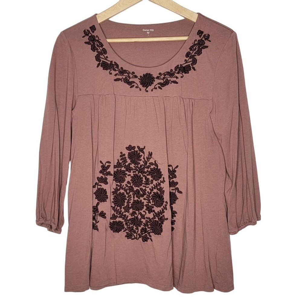 Garnet Hill Large Mauve Women's Floral Embroidered Long Sleeve Boat Neck Top L